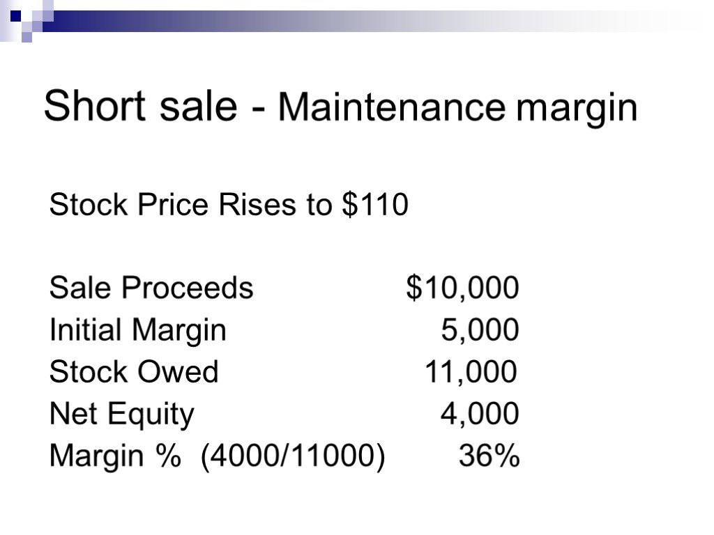 Short sale - Maintenance margin Stock Price Rises to $110 Sale Proceeds $10,000 Initial